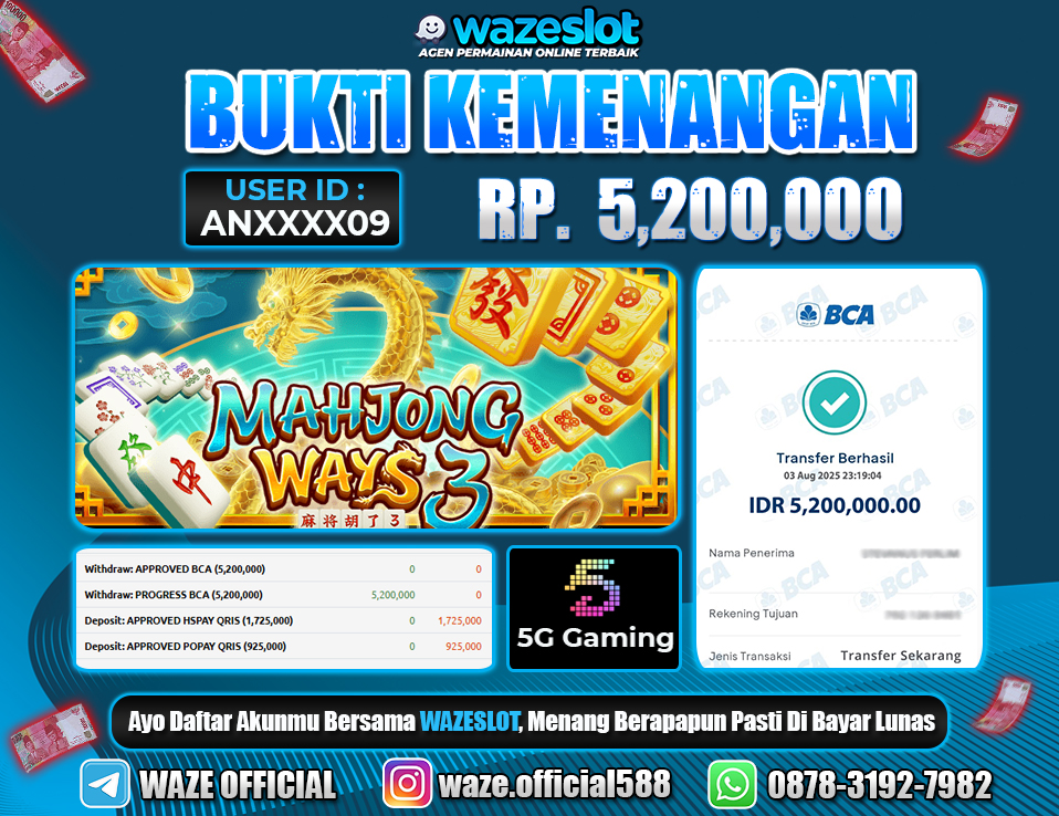 BUKTI KEMENANGAN 4 AGUSTUS 2025 GAME MAHJONG WAYS ( 5G GAMING )