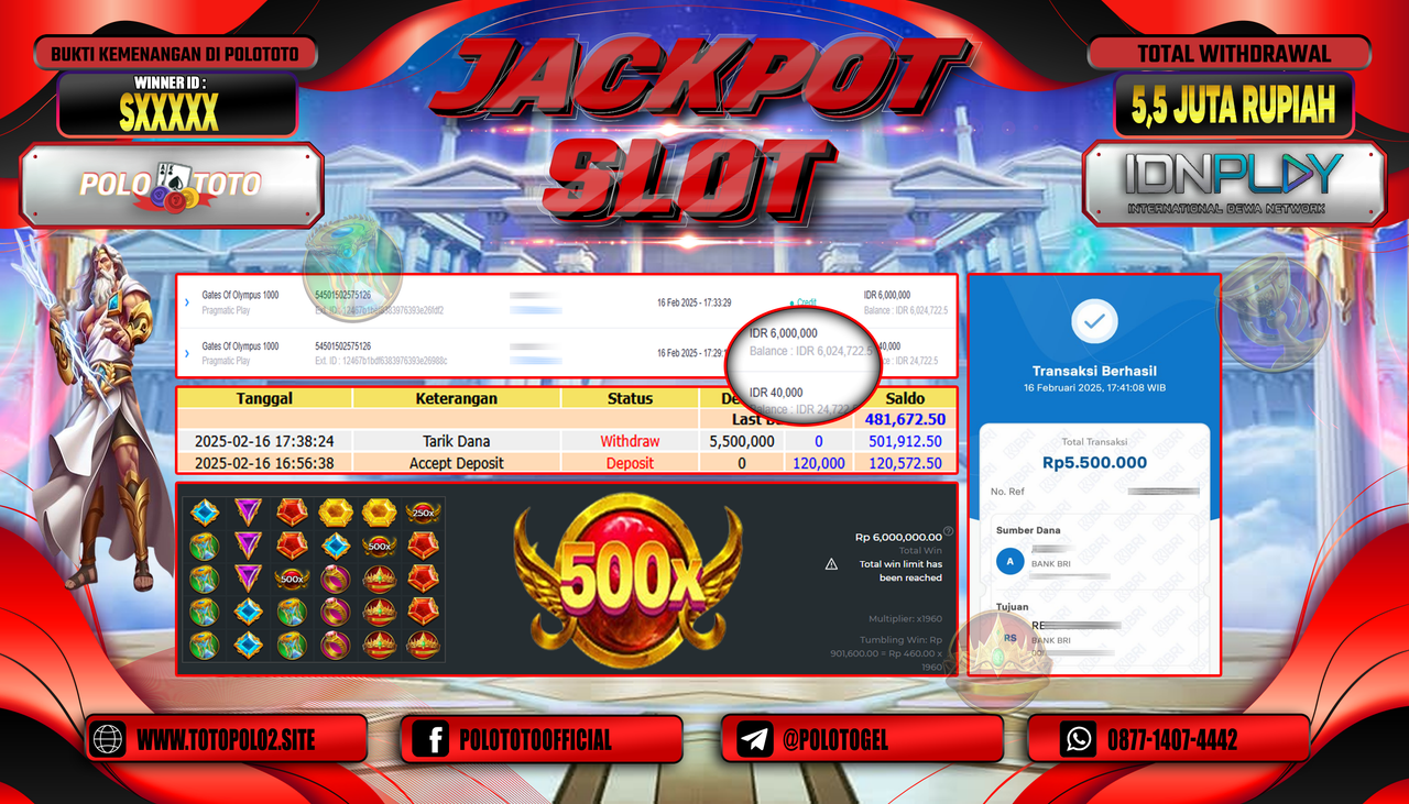 POLOTOTO JACKPOT SLOT GATES OF OLYMPUS 1000 Rp.5.500.000,-