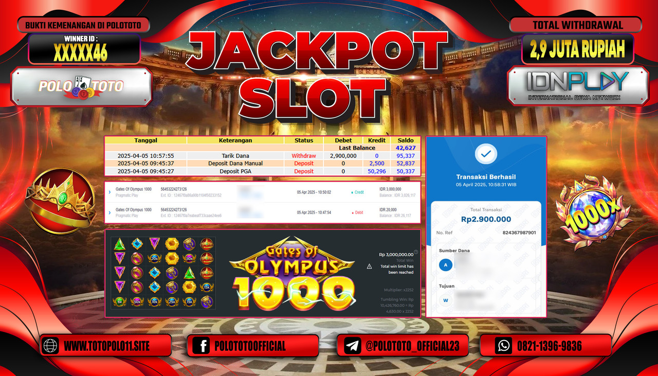 POLOTOTO JACKPOT SLOT GATES OF OLYMPUS 1000  Rp.2.900.000,-