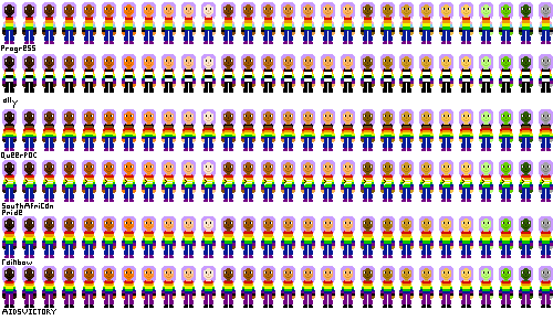 a row of people with pride flag shirts and light purple hair