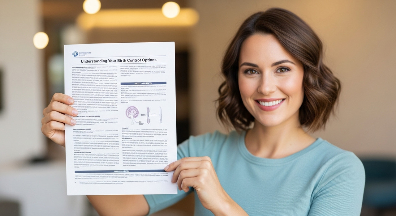 Женщина держит брошюру «Понимание методов контрацепции»