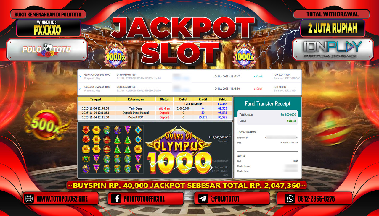 POLOTOTO JACKPOT SLOT GATES OF OLYMPUS 1000 Rp.2.000.000,- LUNAS