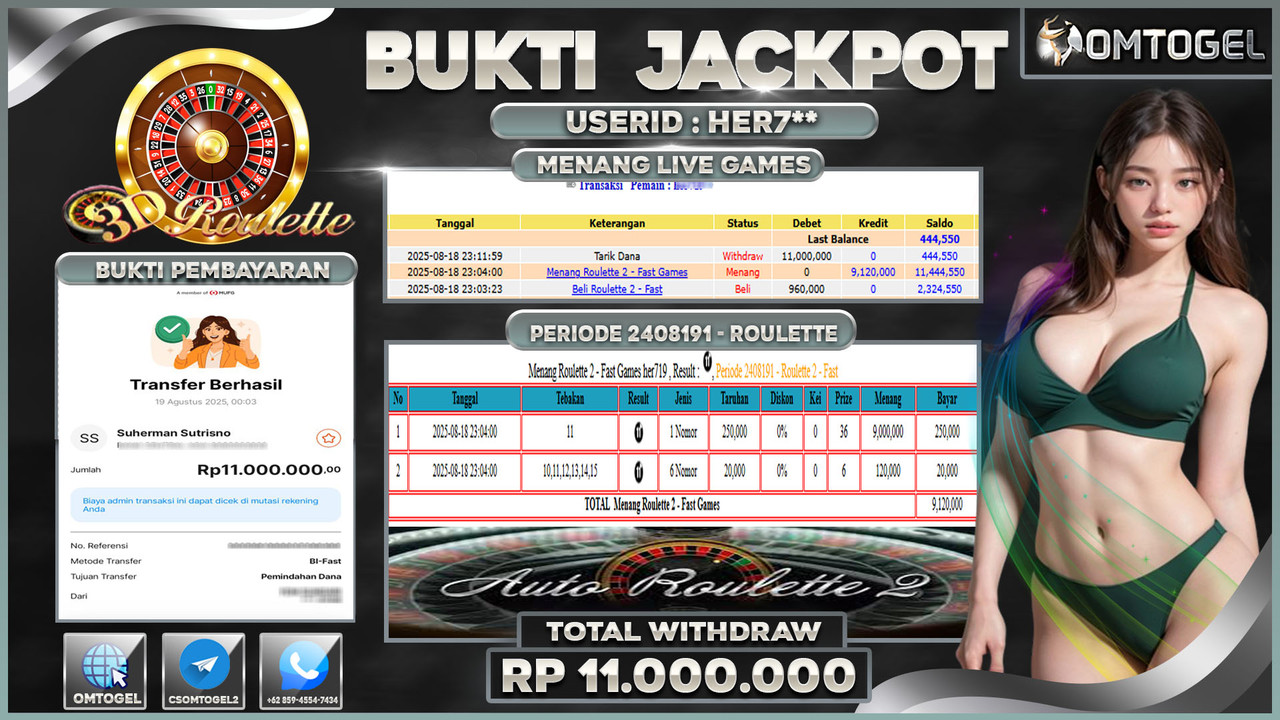 OMTOGEL JACKPOT LIVE GAMES ROULETTE 2 11 JUTA DI BAYAR LUNAS ,-