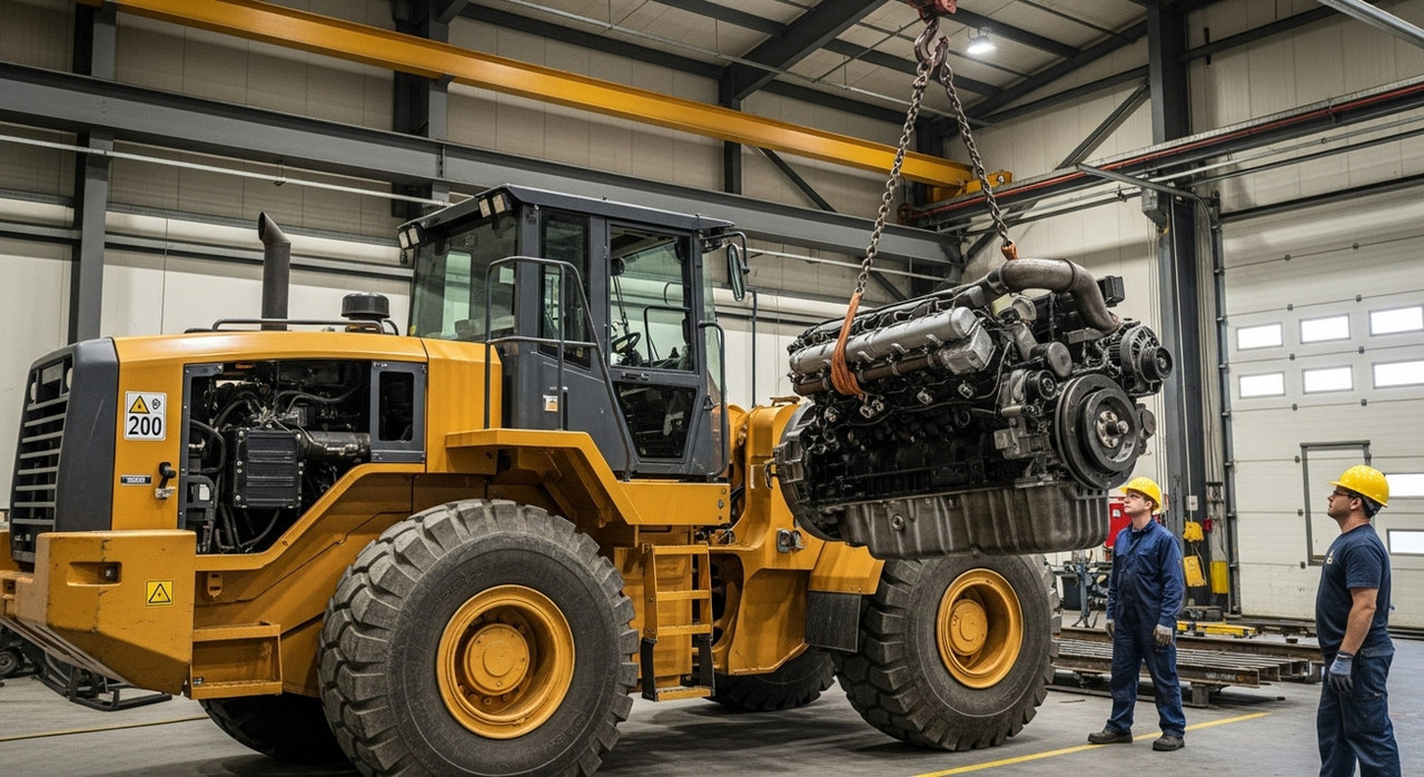 Демонтаж старого двигателя погрузчика с помощью крана для освобождения места под новый мотор