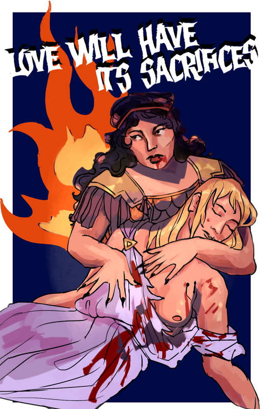 Cover art for the Fanfic: Xena kneels in theatrical Grecian inspired armor with Gabrielle collapsed and covered in blood in her arms Gabrielle's dress is ripped revealing her bare breast with bloody fang marks a fire blazes behind them