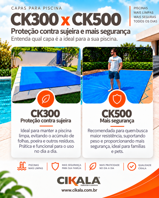 Arte comparativa CK300 e CK500 para explicar diferenças de aplicação e segurança das capas para piscina