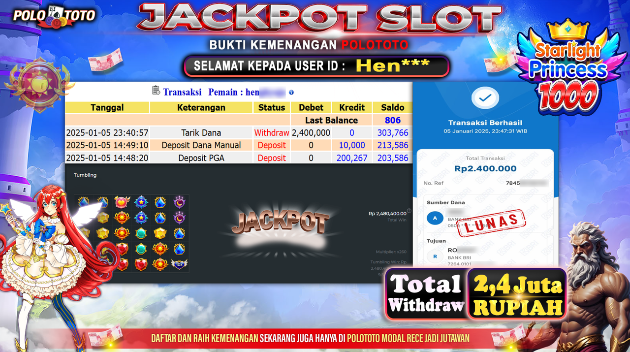 POLOTOTO JACKPOT SLOT STARLIGHT PRINCESS 1000 Rp.2,400.000,-