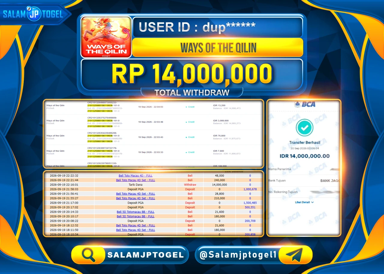 SALAMJPTOGEL JACKPOT MENANG SLOT WAYS OF THE QILIN Rp.14,000,000 - LUNAS