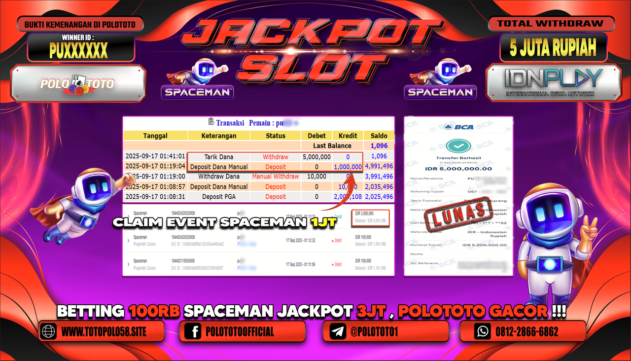 POLOTOTO JACKPOT SLOT SPACEMAN Rp.5.000.000,-