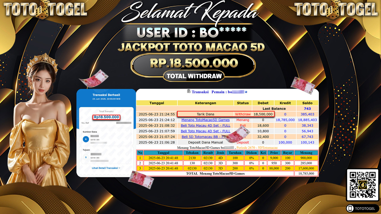 Bukti Pembayaran Jackpot Permainan Togel Toto Macao 5D ID:BO***** LUNAS