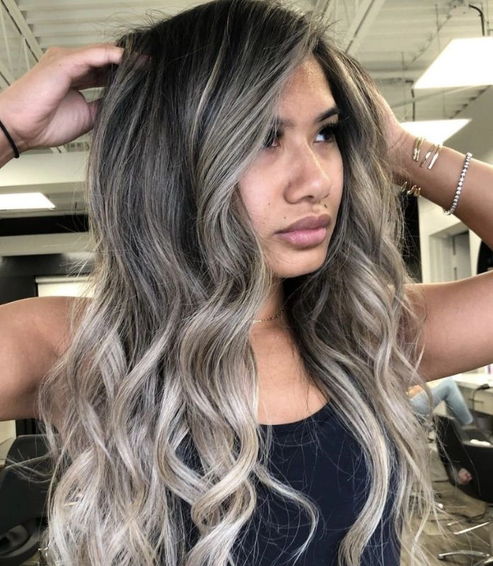 Ash blonde on dark long wavy hair