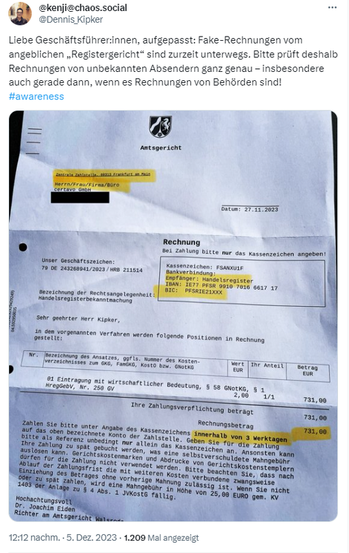 Betrug mit Rechnung vom "Registergericht"