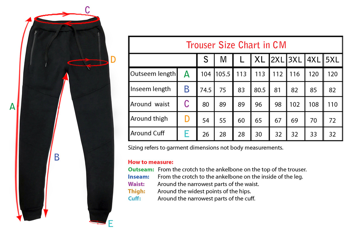 Mens Jogger Pants Size Chart