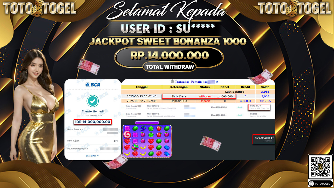 Bukti Pembayaran Jackpot Permainan Slot Sweet Bonanza 1000 ID:SU***** LUNAS