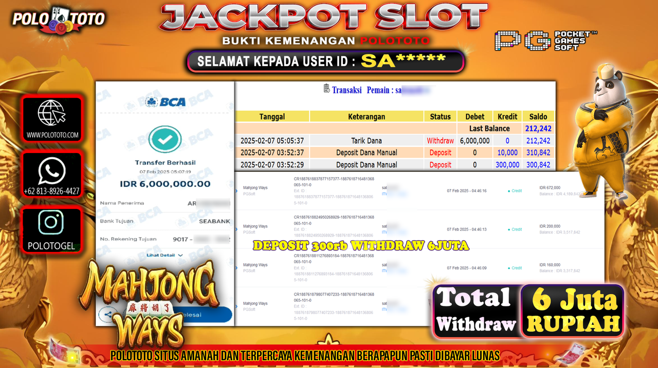 POLOTOTO JACKPOT SLOT MAHJONG WAYS Rp.6,000.000,-