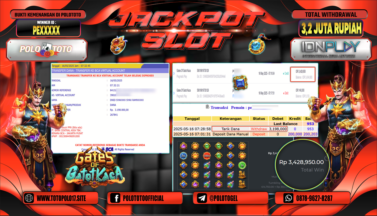 POLOTOTO JACKPOT SLOT GATES OF GATOT KACA Rp.3.198.000,-
