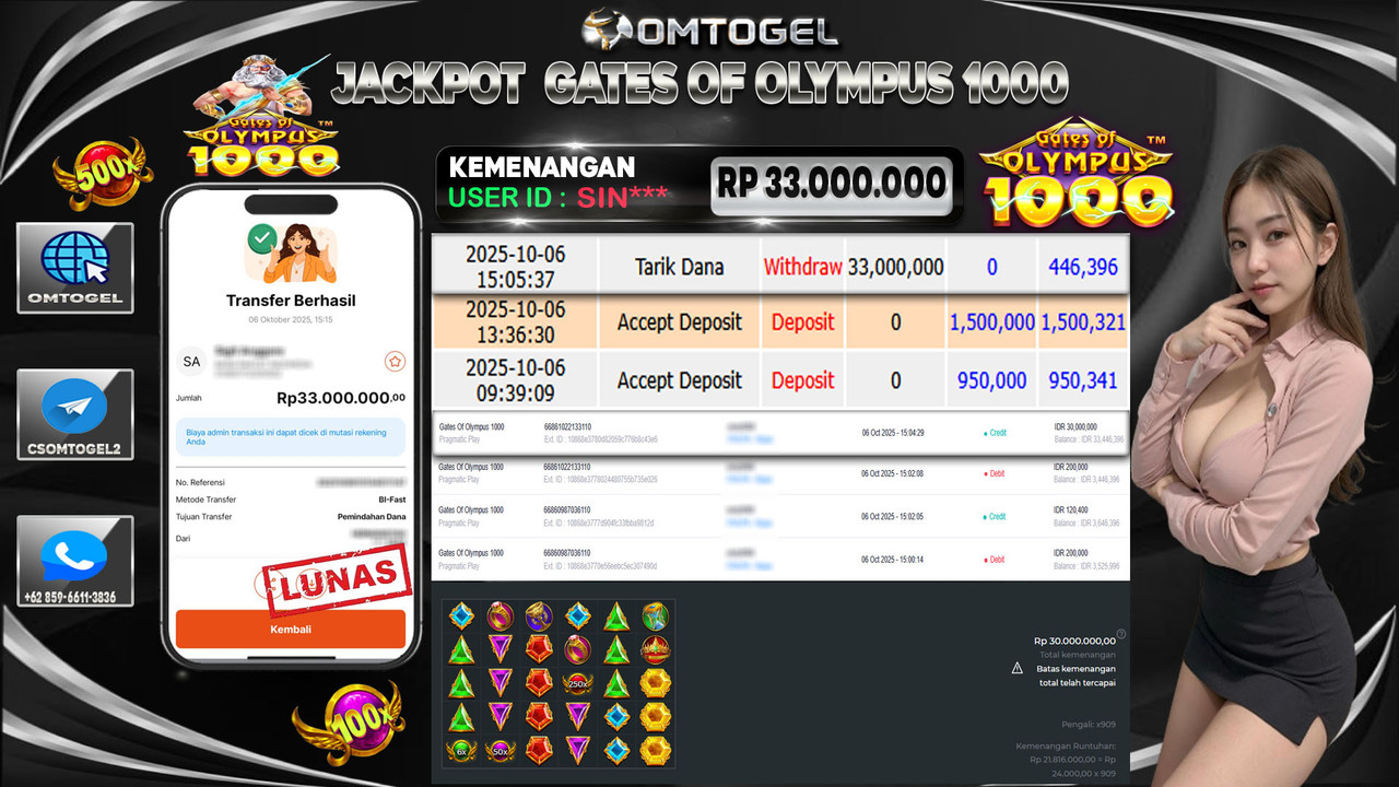 OMTOGEL JACKPOT PRAGMATIC PLAY GATES OF OLYMPUS 1000 33 JUTA DI BAYAR LUNAS ,-