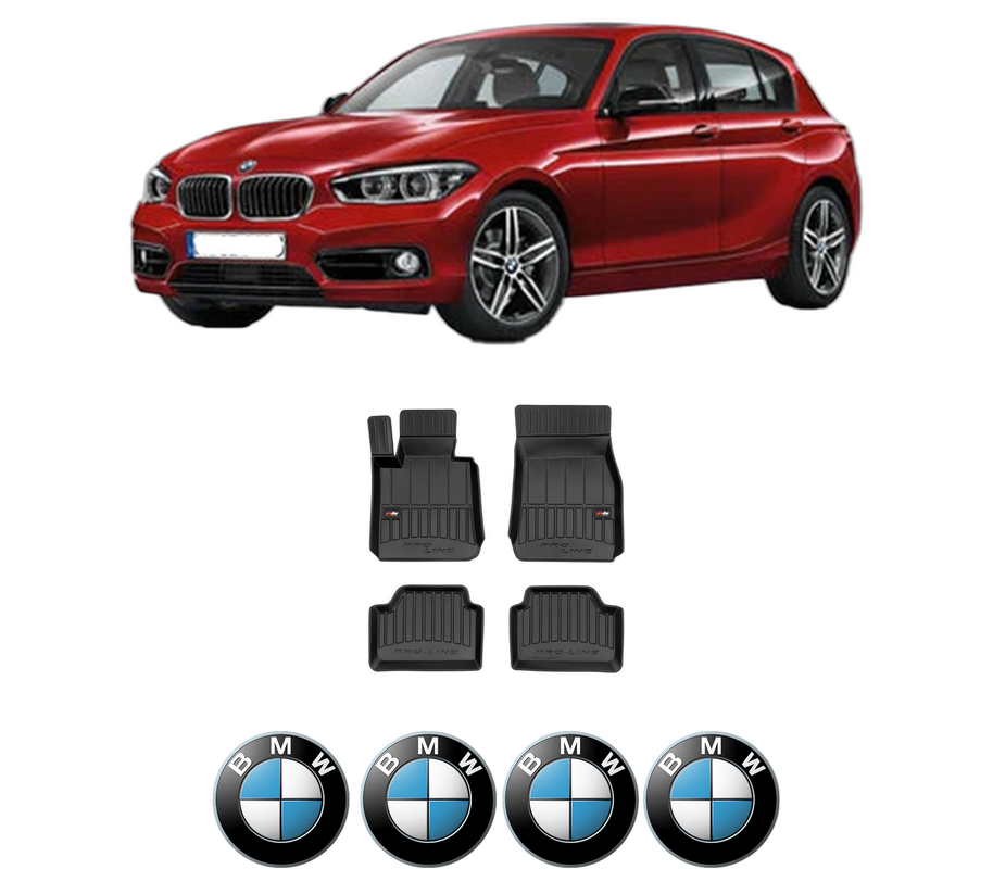 Set covorase presuri BMW Seria 1 (F20) din 2011-2019, auto, din cauciuc thermoplastic, 4 Stickere auto cu BMW Seria
