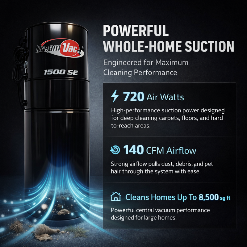 Central vacuum power unit installed in home basement for whole house cleaning system