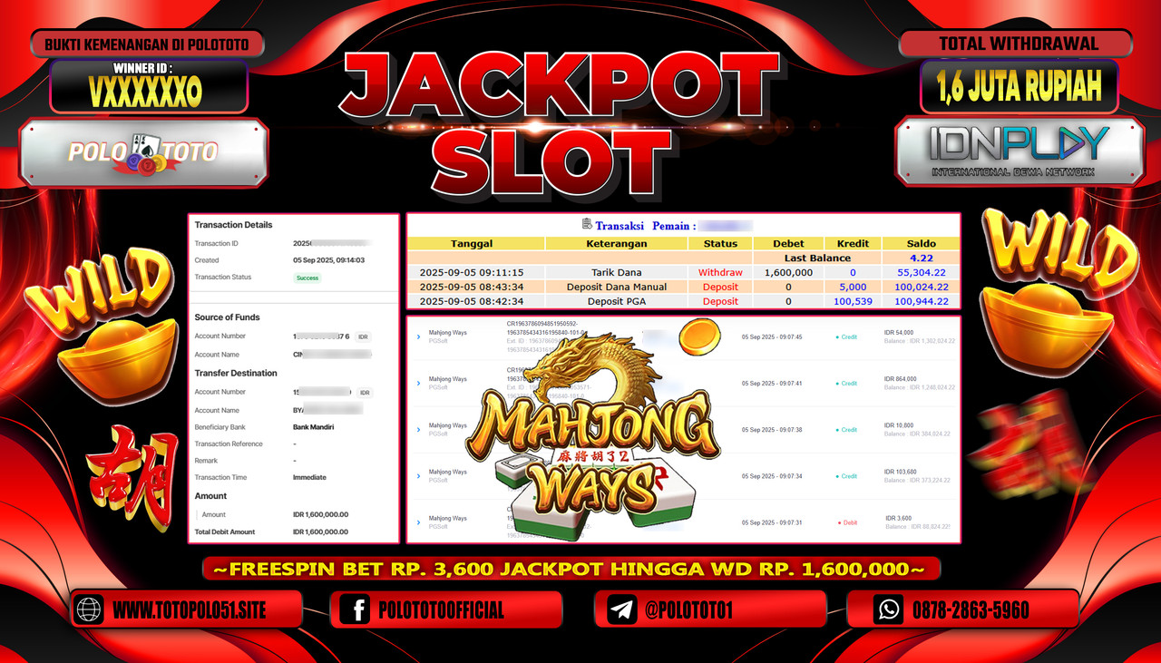 POLOTOTO JACKPOT SLOT MAHJONG WAYS Rp.1.600.000,- LUNAS