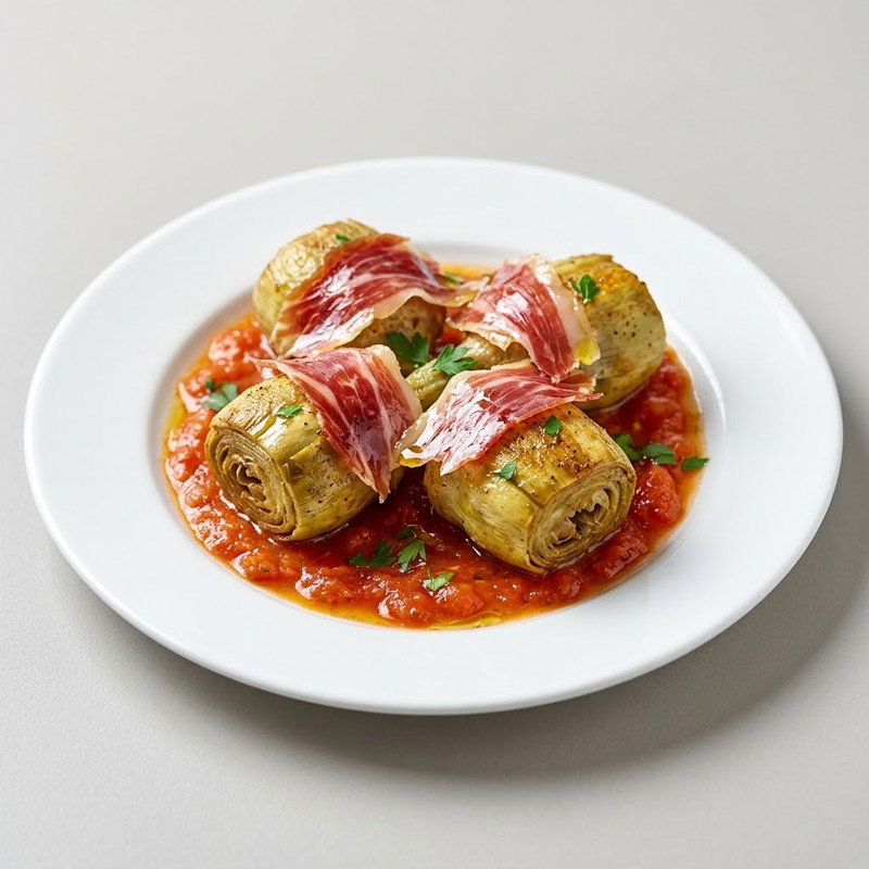 Alcachofas Romanas Con Jamón De Bellota Sobre Fondo De Tomate