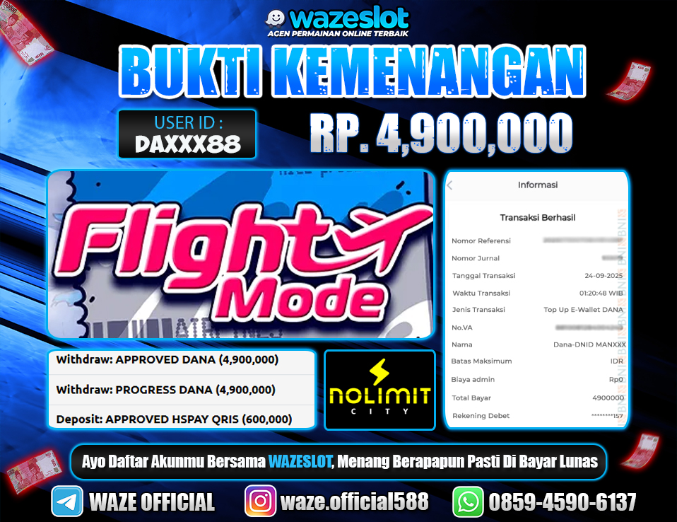 BUKTI KEMENANGAN 24 SEPTEMBER 2025 GAME FLIGHT MODE ( NOLIMIT CITY )