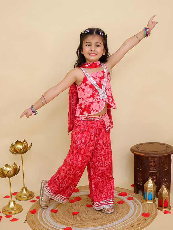 Kids Girls Party Wear Dress Floral Printed Girls Co-Ords Top Bottom Dupatta Set - Picture 17 of 18
