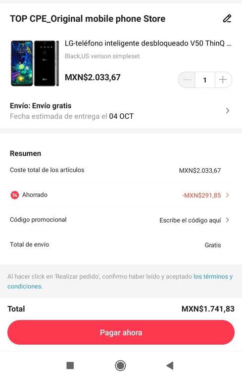 AlieExpress: Celular LG V50 Thinq Reacondicionado Snapdragon 855 6/128GB Solo LTE O 4G