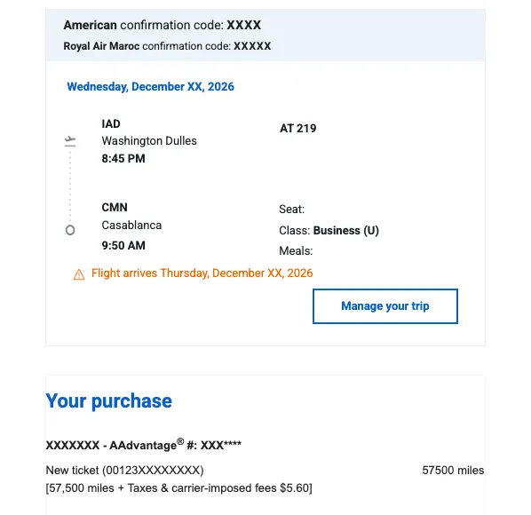 AAdvantage award pricing to Casablanca