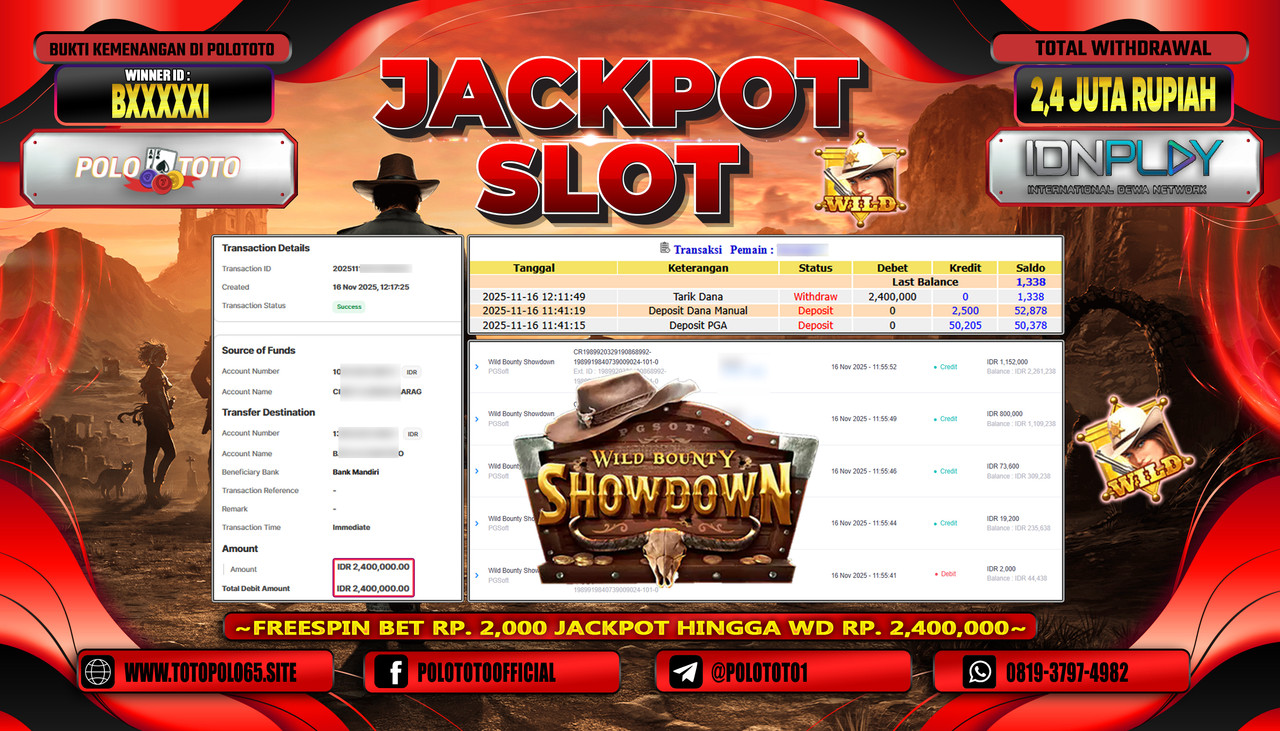 POLOTOTO JACKPOT SLOT WILD BOUNTY SHOWDOWN Rp.2.400.000,- LUNAS