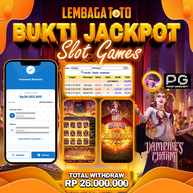 BUKTI JACKPOT 15 AGUSTUS LEMBAGATOTO VAMPIRE'S CHARM  Rp.26.000.000,- LUNAS