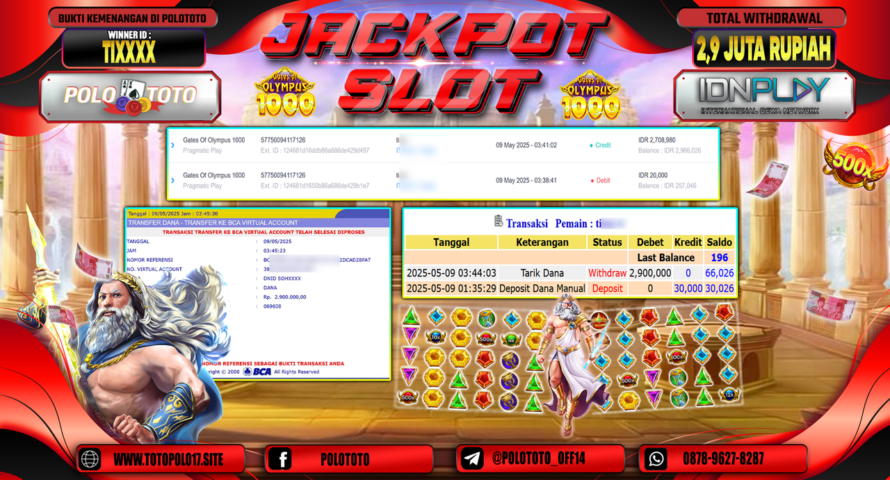 POLOTOTO JACKPOT SLOT GATES OF OLYMPUS 1000 Rp.2.900.000,-