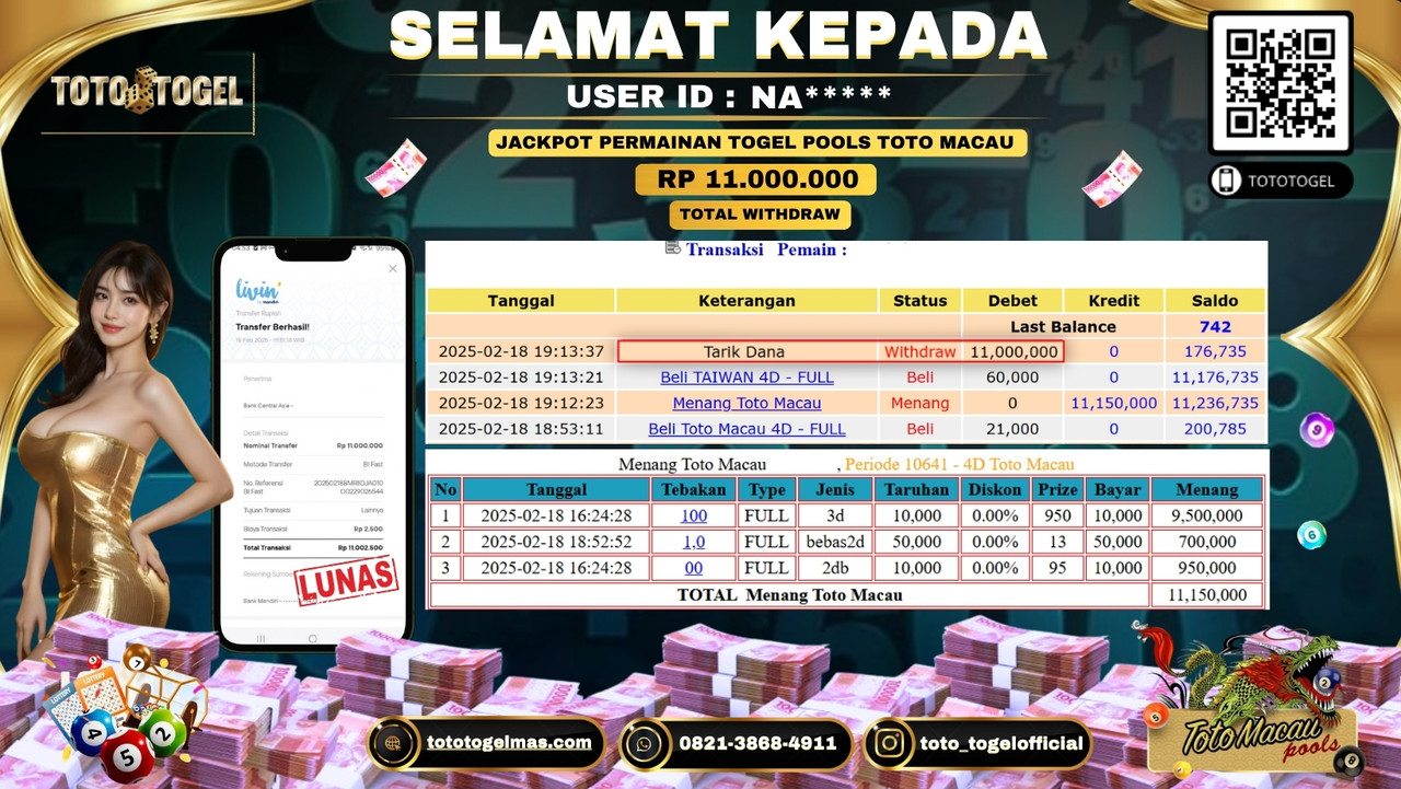 Bukti Pembayaran Jackpot  Permainan Togel Pools Toto Macau  ID:NA**** LUNAS