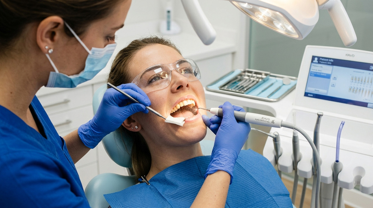 Процедура профессиональной ультразвуковой чистки зубов в клинике