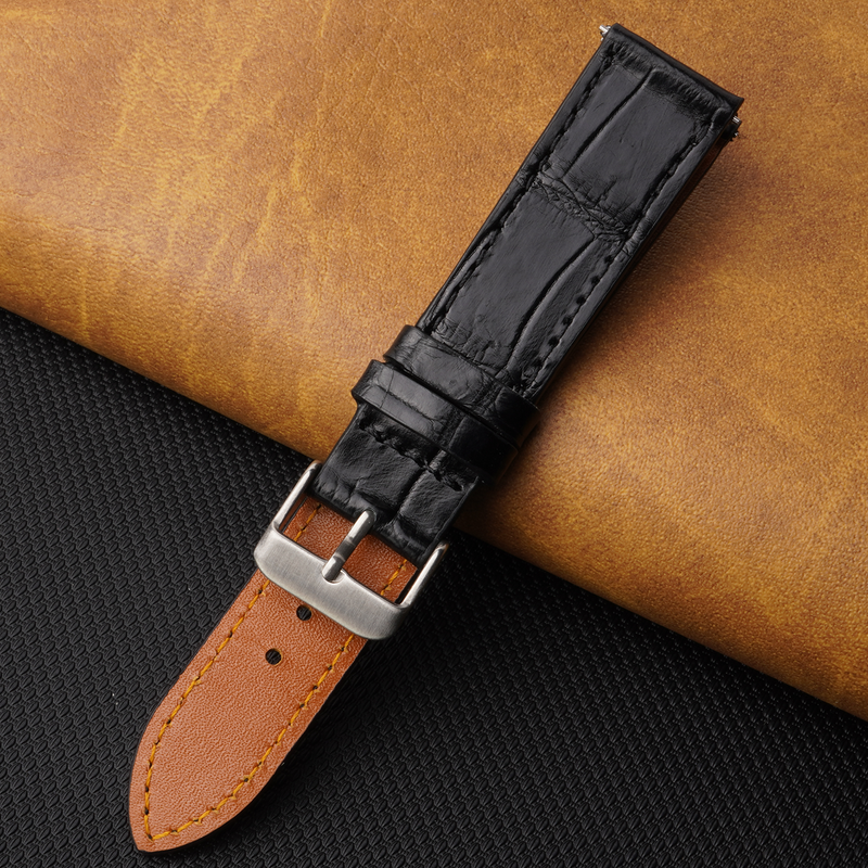19mm Flat Black Alligator Watch Band Genuine Crocodile Leather Watch Strap Men
