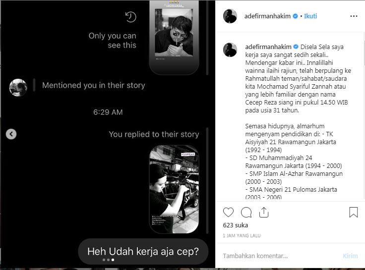 Sesaat sebelum meninggal dunia, Cecep Reza sempat memention Ade Firman Hakim
