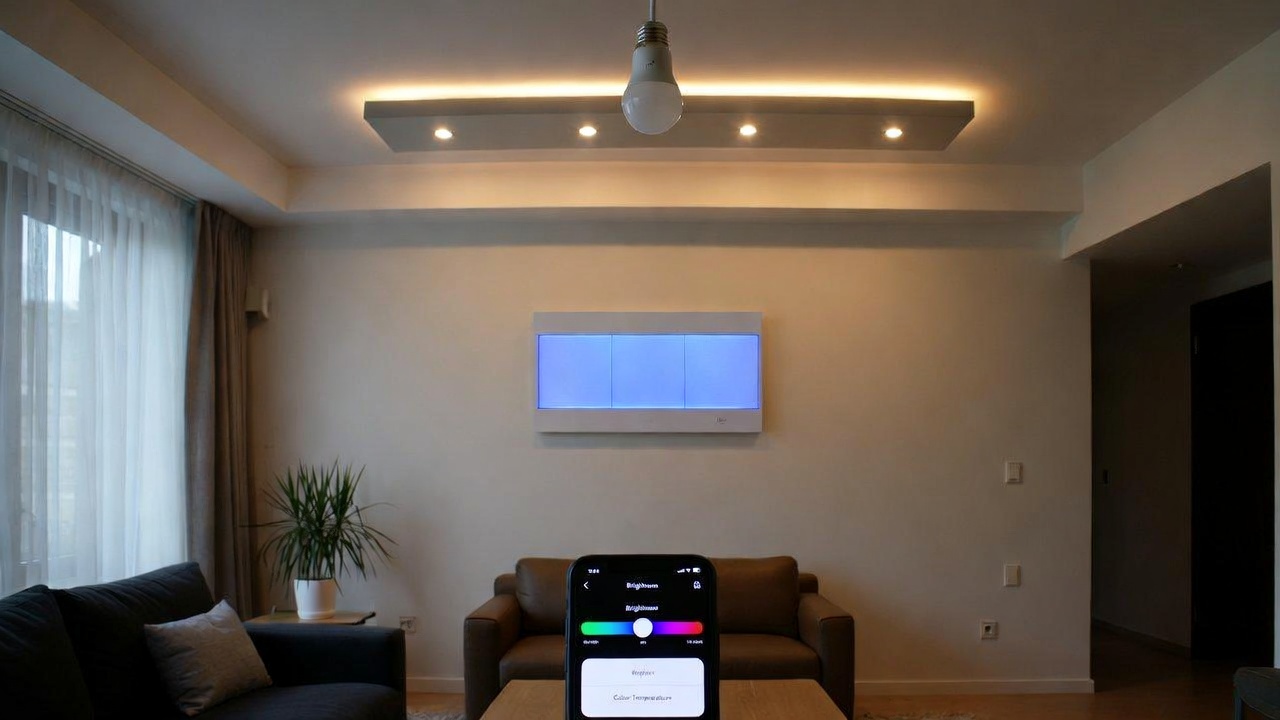 Smart lighting setup in a living room showing smart bulbs, a smart switch, and a smartphone app controlling brightness and color temperature