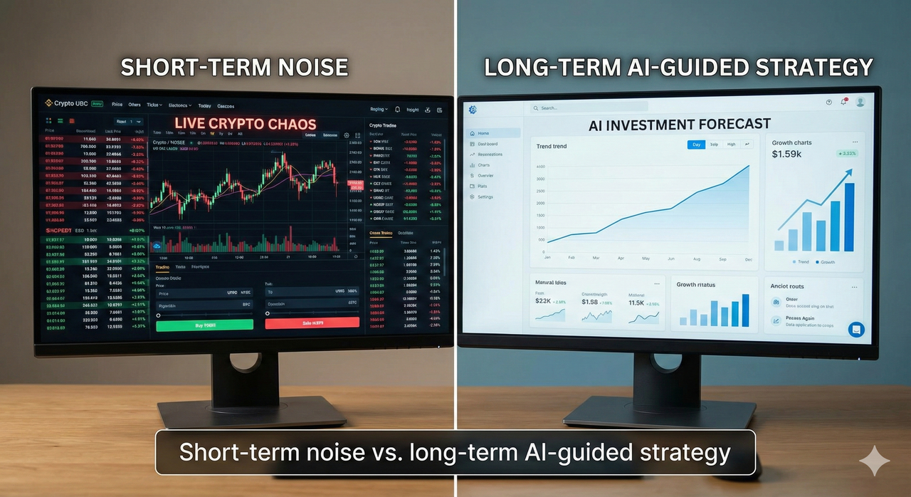 Side-by-side comparison of chaotic short-term crypto trading screen versus a calm long-term AI-guided investment dashboard