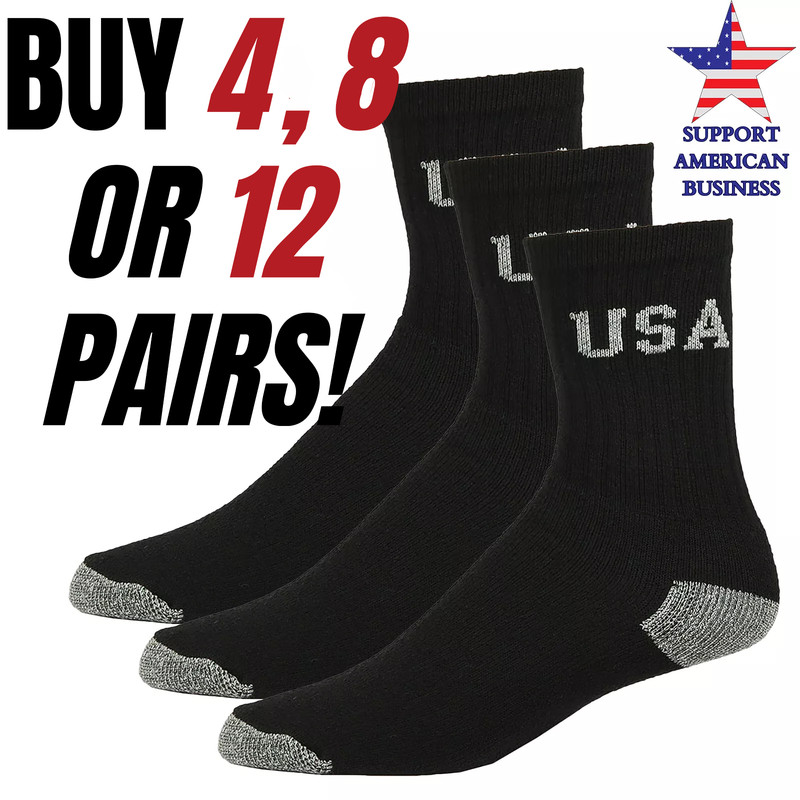 men's black cotton crew socks sport work sock size 9-11 10-13

