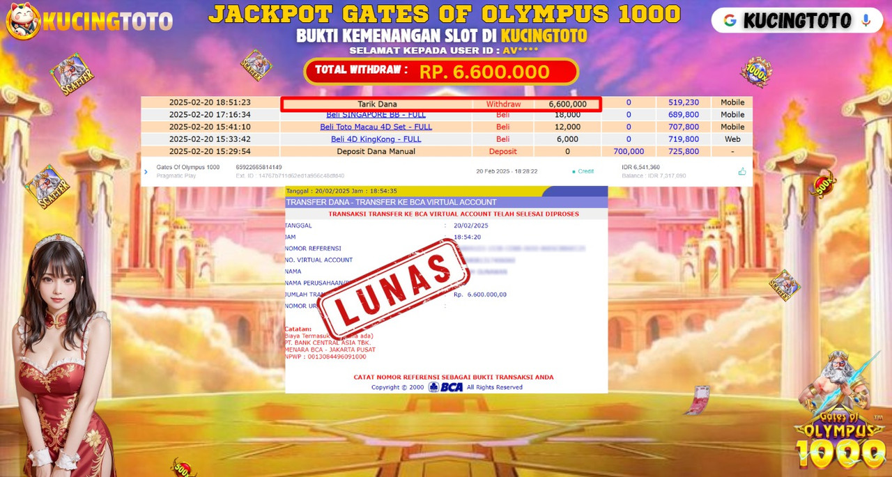 KUCINGTOTO JACKPOT SLOT GATES OF OLYMPUS 1000 RP.6.600.000.,- LUNAS