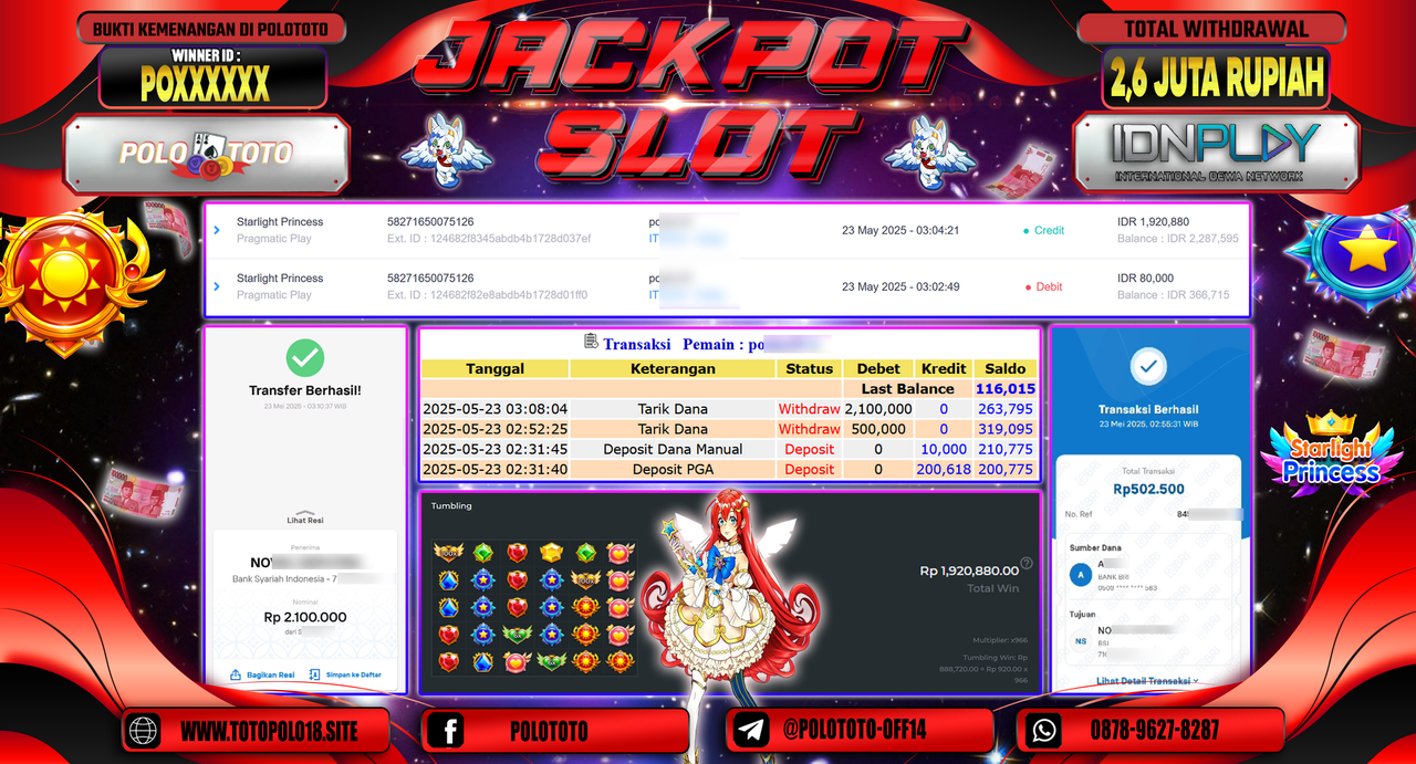 POLOTOTO JACKPOT SLOT STARLIGHT PRINCESS Rp.2.600.000,-