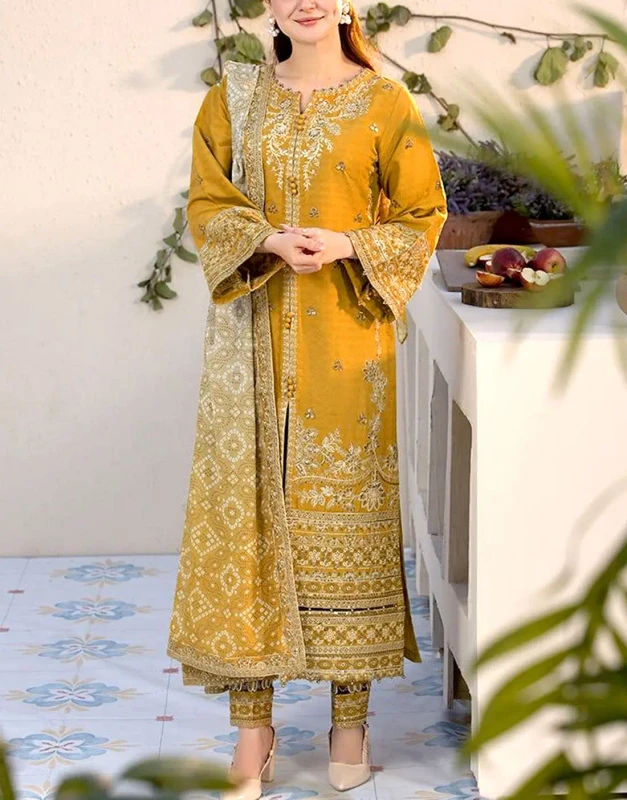 Mustard Dhanak Winter Dress – Heavy Embroidery, Digital Shawl, Formal