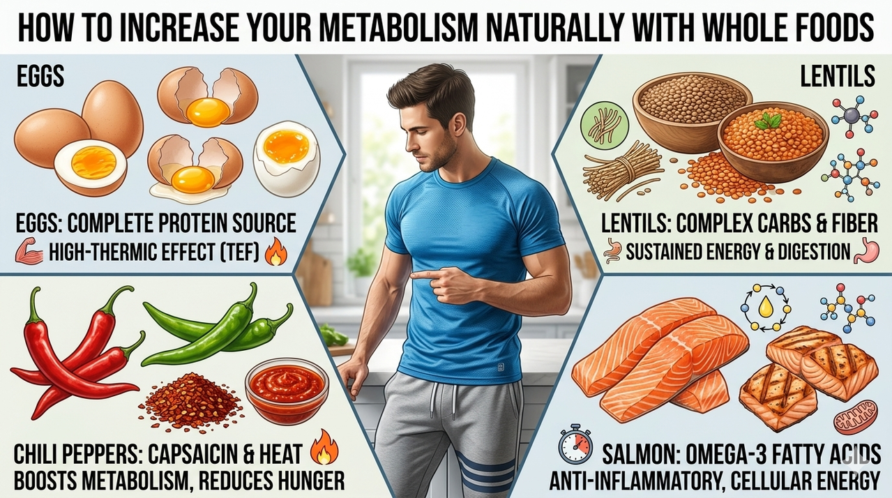 Collage of metabolism-boosting foods including eggs, lentils, chili peppers, and salmon for how to increase your metabolism naturally with whole foods