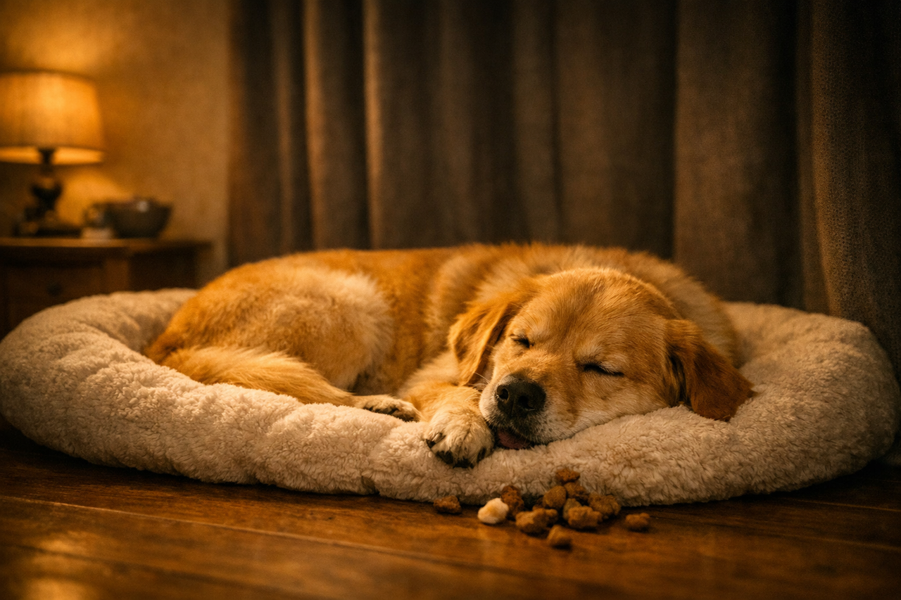 Cachorro dormindo tranquilo em ambiente calmo e seguro com cortinas fechadas