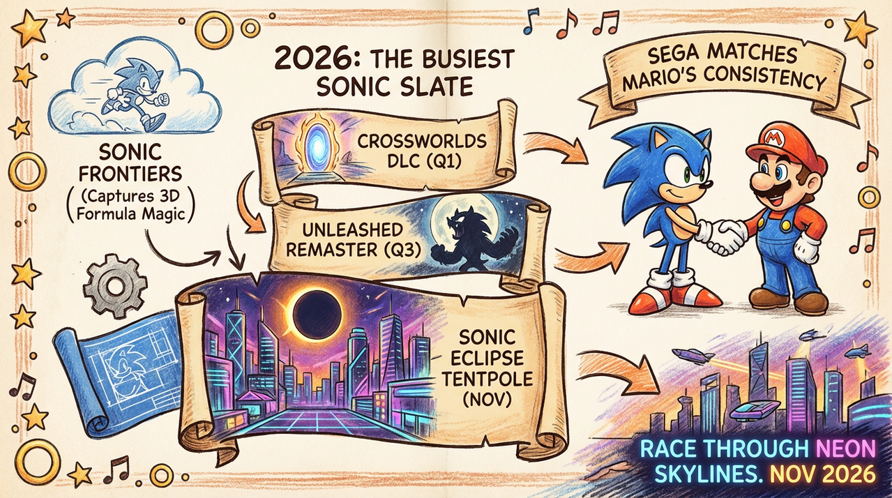 Sonic Eclipse Leaked - Next Mainline Sonic Game Reportedly Set for November 2026 1 Blue hedgehog character speeding through futuristic cityscape