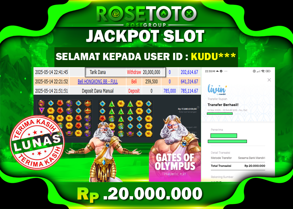 ROSETOTO JACKPOT SLOT Gates Of Olympus Rp.20.000.000.,- LUNAS