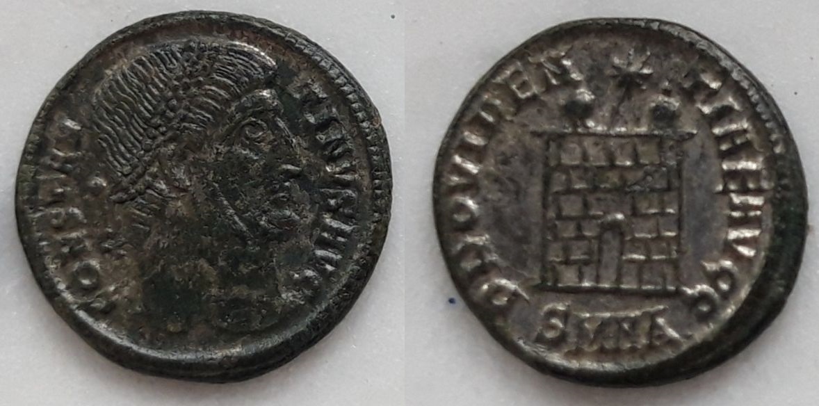 AE3 de Constantino I. PROVIDENTIAE AVGG. Puerta de campamento. Nicomedia C17a