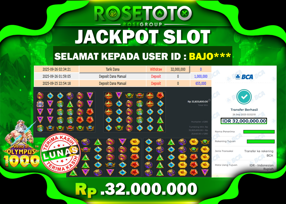 ROSETOTO JACKPOT SLOT GATES OF OLYMPUS 1000 Rp.32.000.000.,- LUNAS