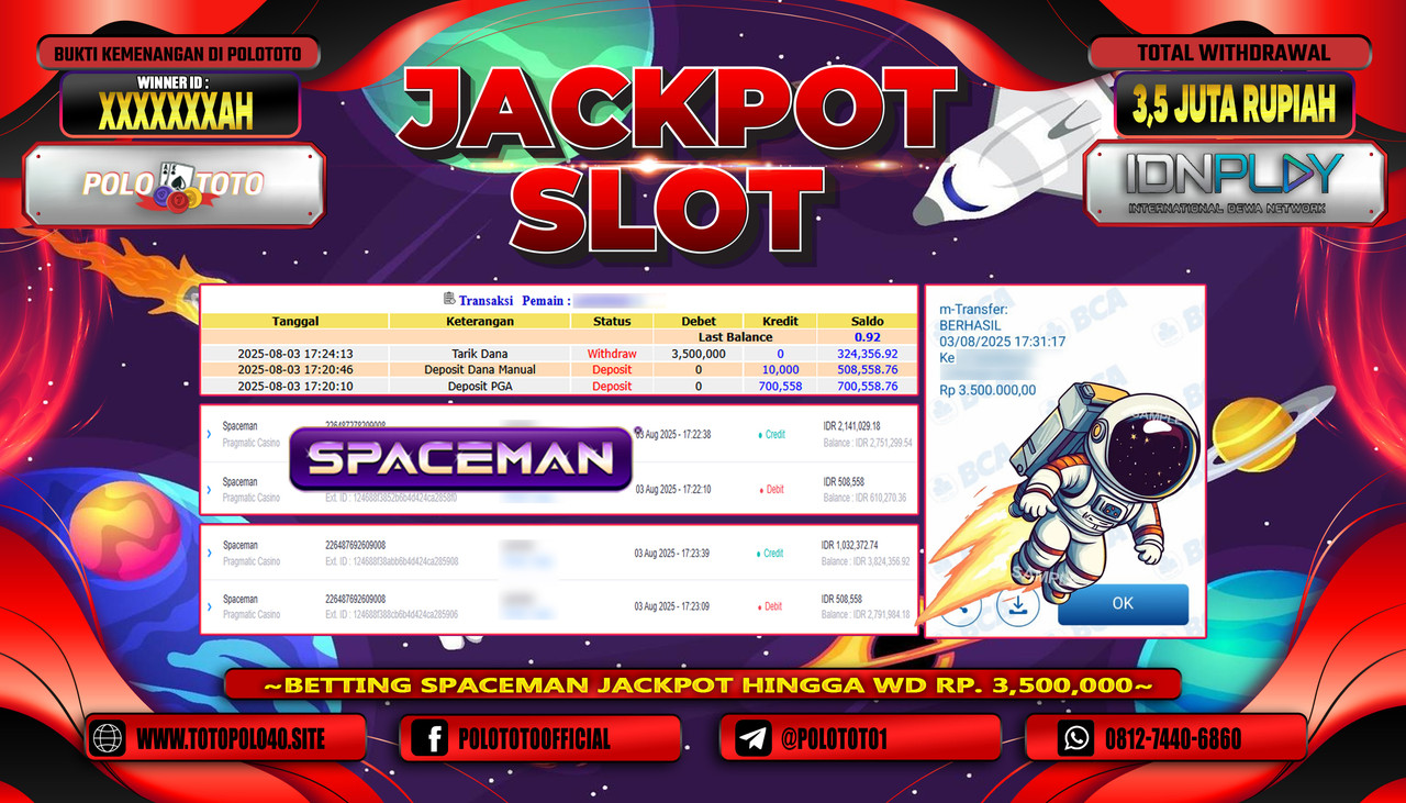 POLOTOTO JACKPOT SLOT SPACEMAN Rp.3.500.000,-LUNAS