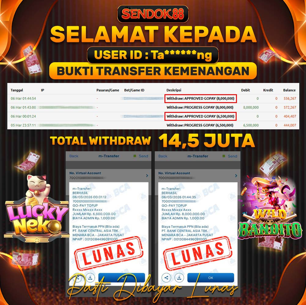 SENDOK88 JEPE! LUCKY NEKO & WILD BANDITO Rp 14.500.000,- LUNAS!